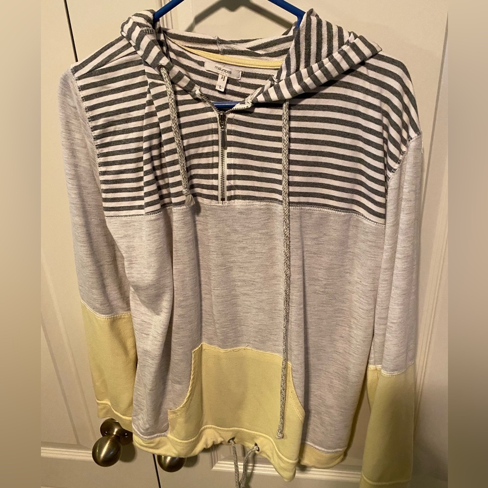 Maurices Women Sweatshirt Hoodie Striped Colorblock Gray Yellow Sz L